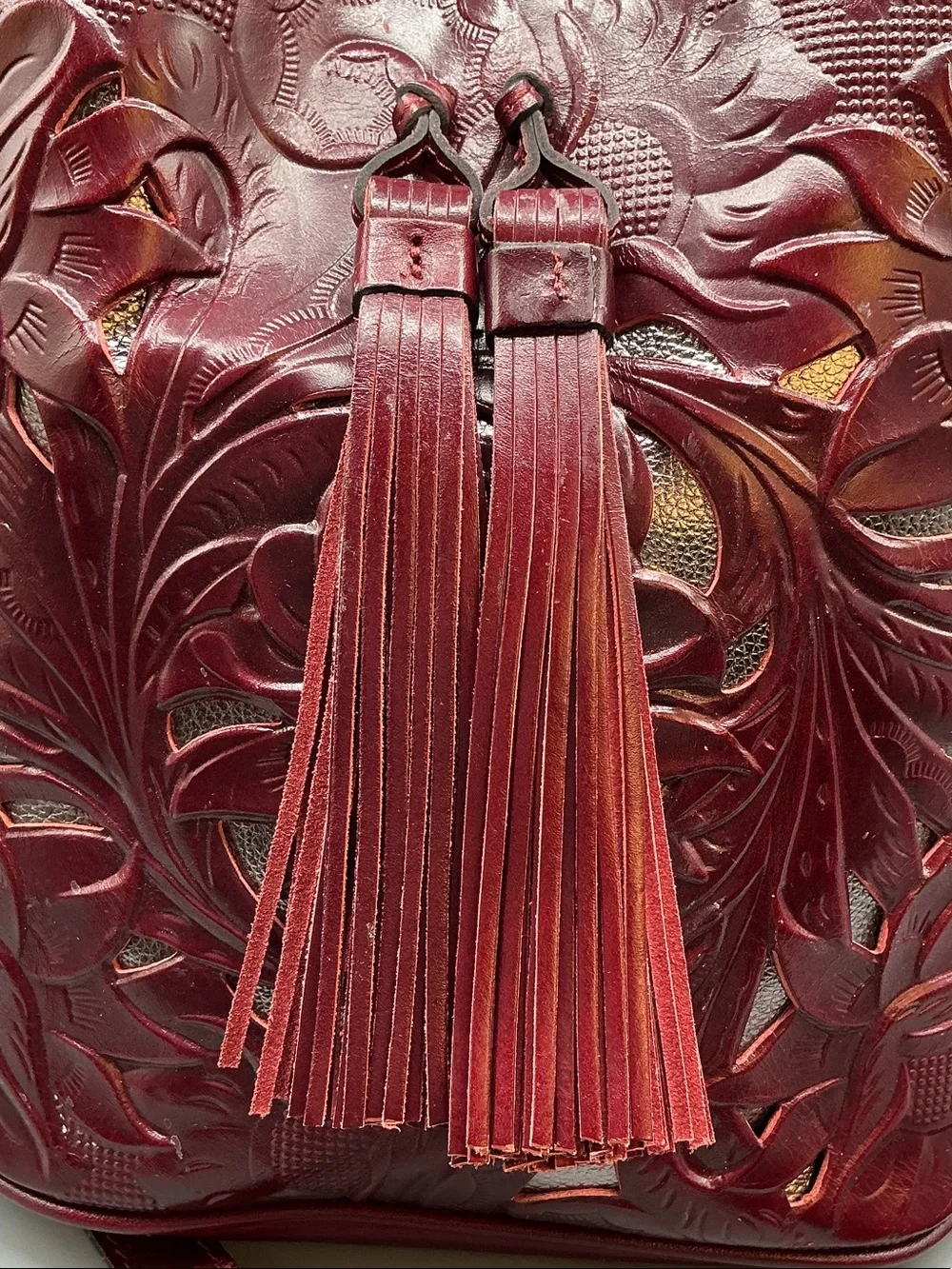 Patricia Nash Womens Bag Otavia Leather Bucket Crossbody Wine & Metallic Western